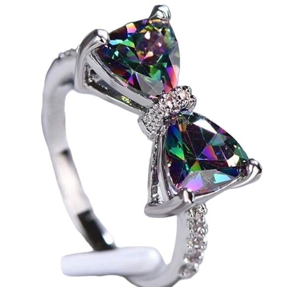 Butterfly bowknot ring cubic zirconia crystal multi color silver tone - Picture 1 of 10